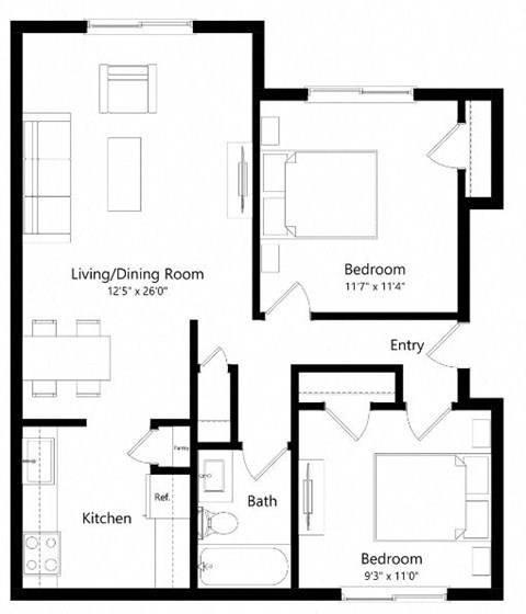 Floor plan for 2 beds, 1 bath, 755 sqft